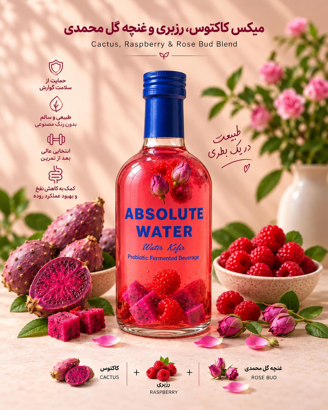 ابسولوت واتر میوه کاکتوس و رزبری و غنچه گل